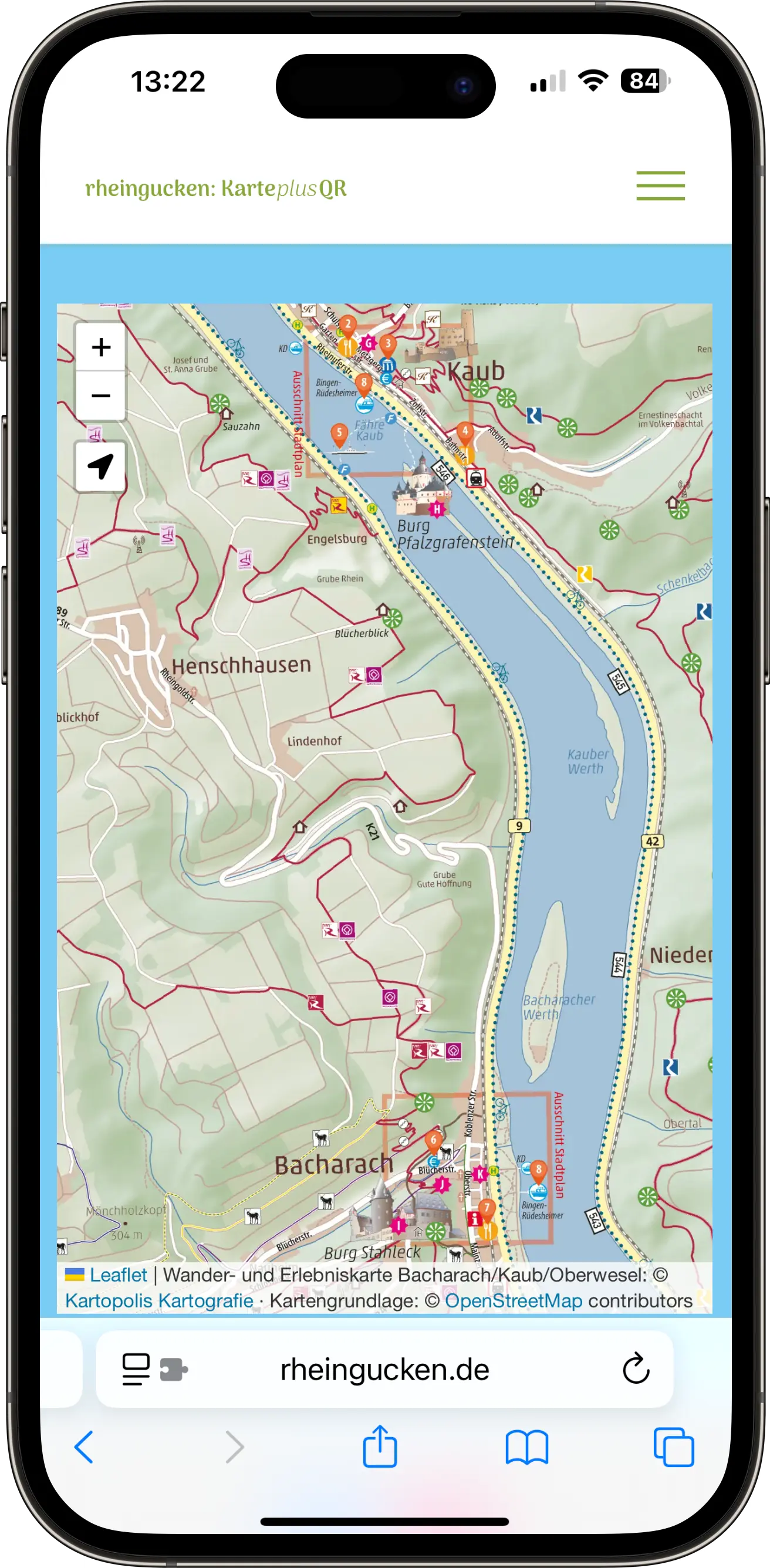 Interaktive Wanderkarte Bacharach – Kaub – Oberwesel